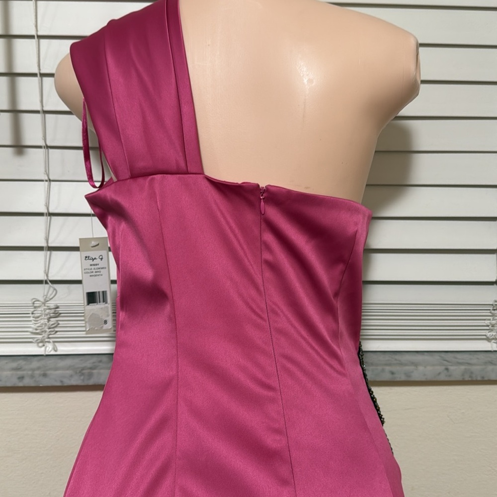 Eliza J NWT Beaded Hot Pink One Shoulder Satin Cocktail Dress size 8 sequined - Picture 9 of 9